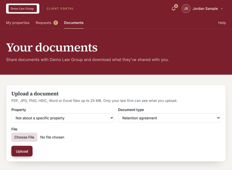 The Documents page with the upload form