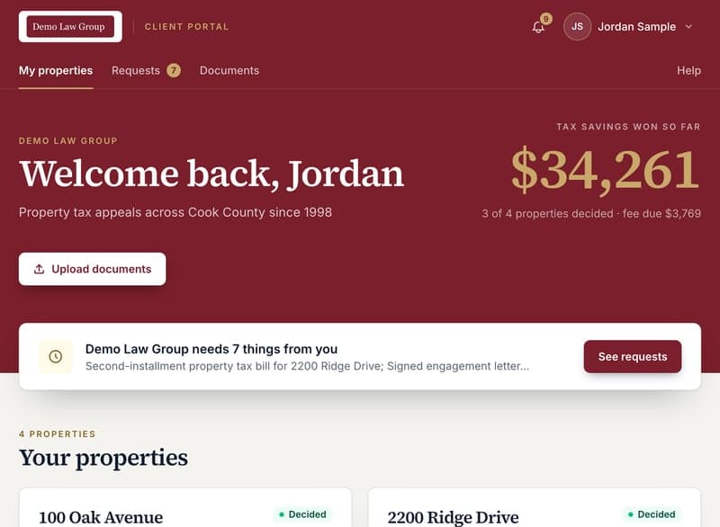 The portfolio page listing properties