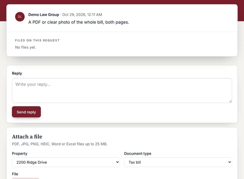 A request from the law firm with the reply box and Attach a file
