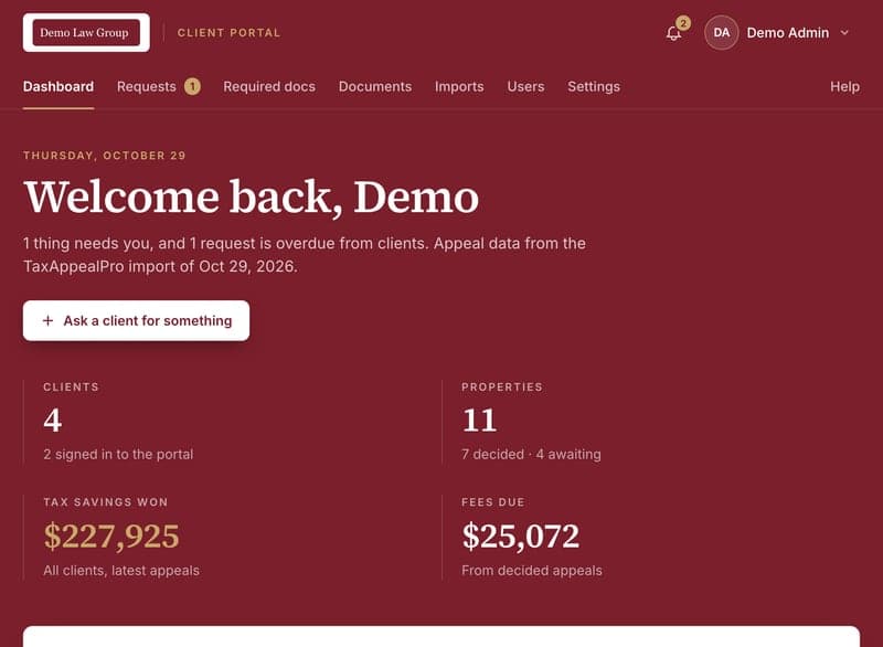 The dashboard with totals, waiting on you and overdue documents
