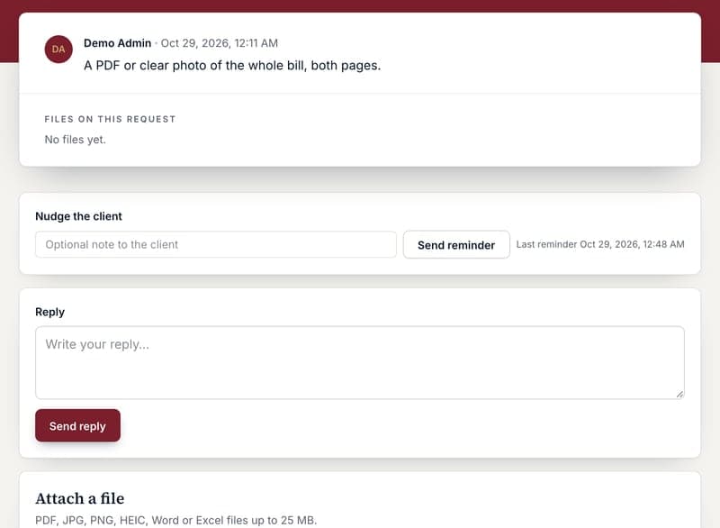 A required-document request with the Nudge the client reminder box