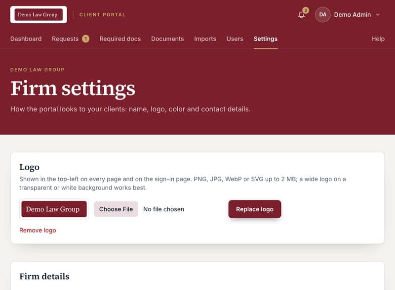 The Settings page with logo and color