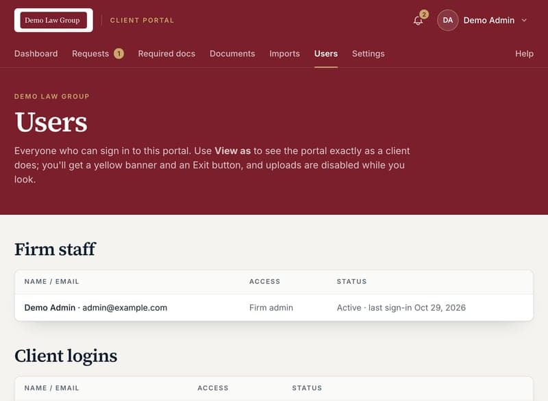 The Users page listing staff and client logins